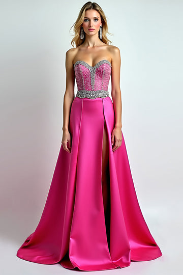 Robe longue de bal à paillettes fuchsia scintillante à paillettes avec fente